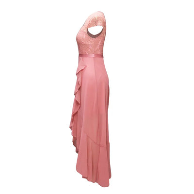 BARESY pink lace bodice sleeveless evening dress with cascading ruffles side view elegant robe de bureau chic femme