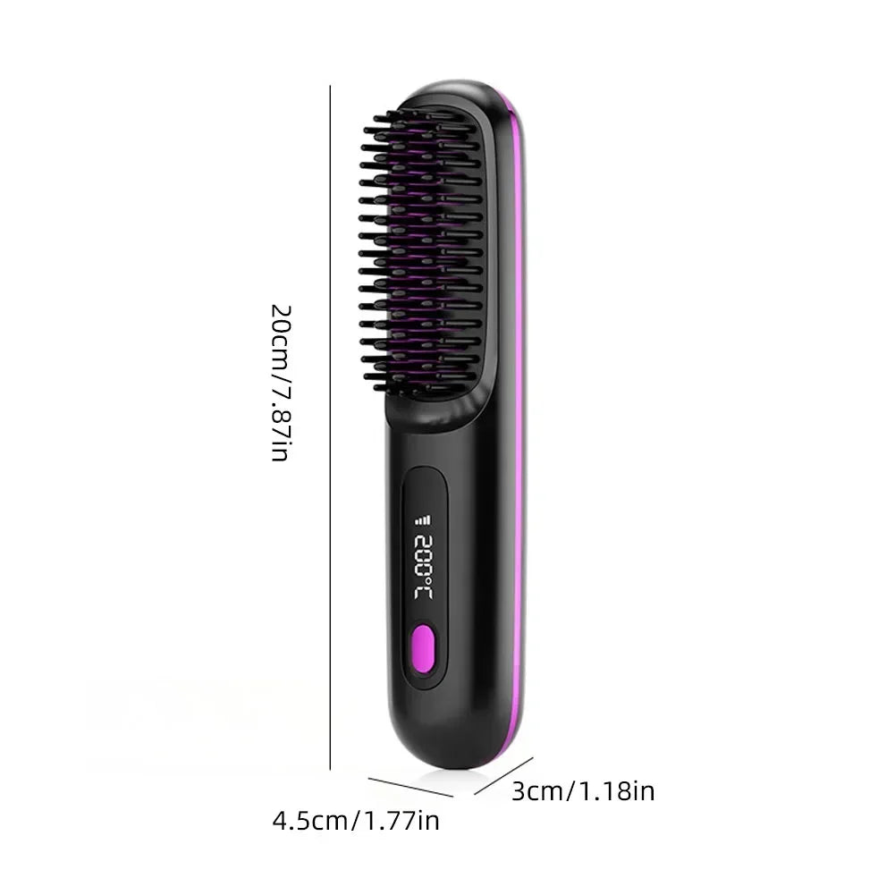 BARESY wireless hair straightener brush in black with purple accents digital display and travel size