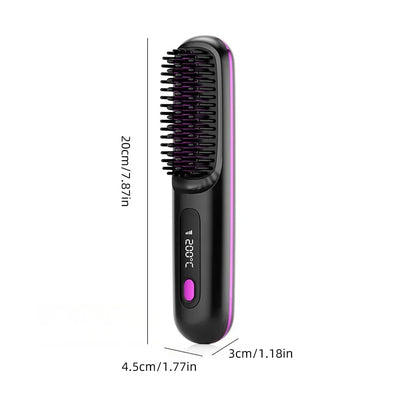 BARESY wireless hair straightener brush in black with purple accents digital display and travel size