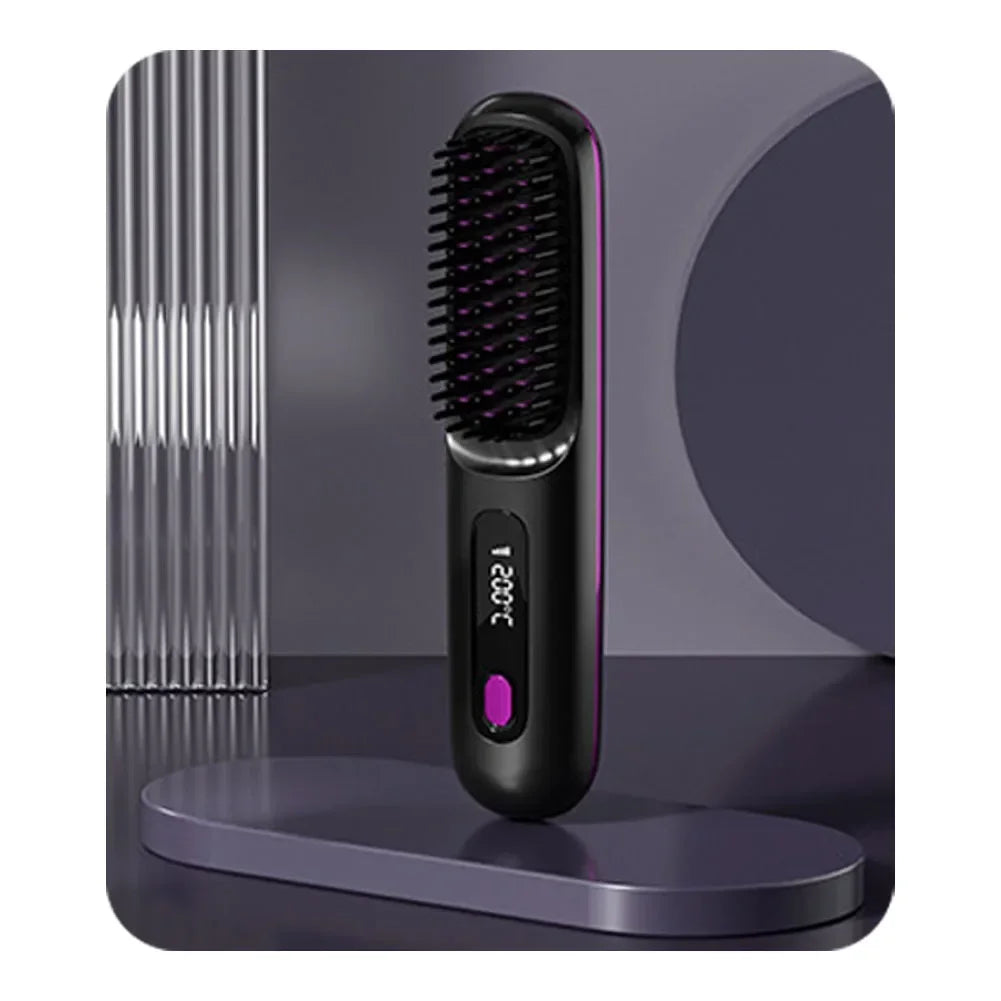 BARESY wireless hair straightener brush in black and purple with LED temperature display and ergonomic handle