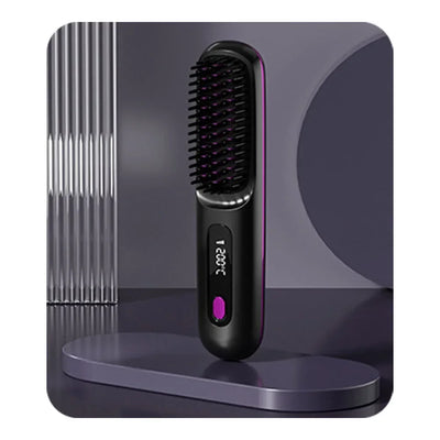 BARESY wireless hair straightener brush in black and purple with LED temperature display and ergonomic handle