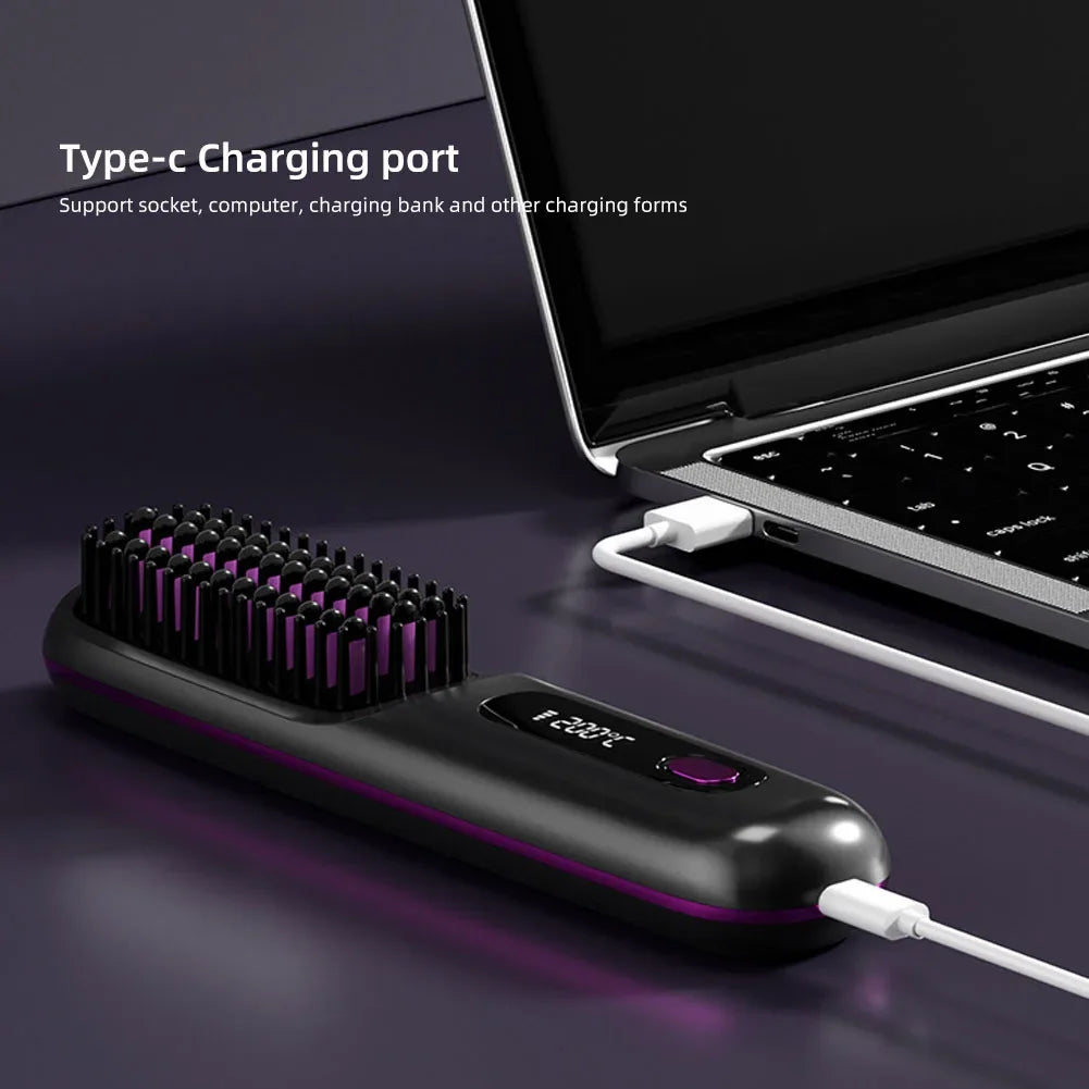 BARESY wireless hair straightener brush with Type C charging digital display black and purple compact design