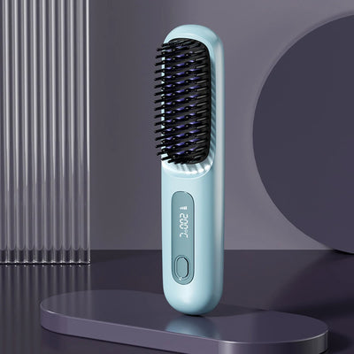 BARESY pale blue wireless hair straightener brush with LCD display and anti static bristles for travel