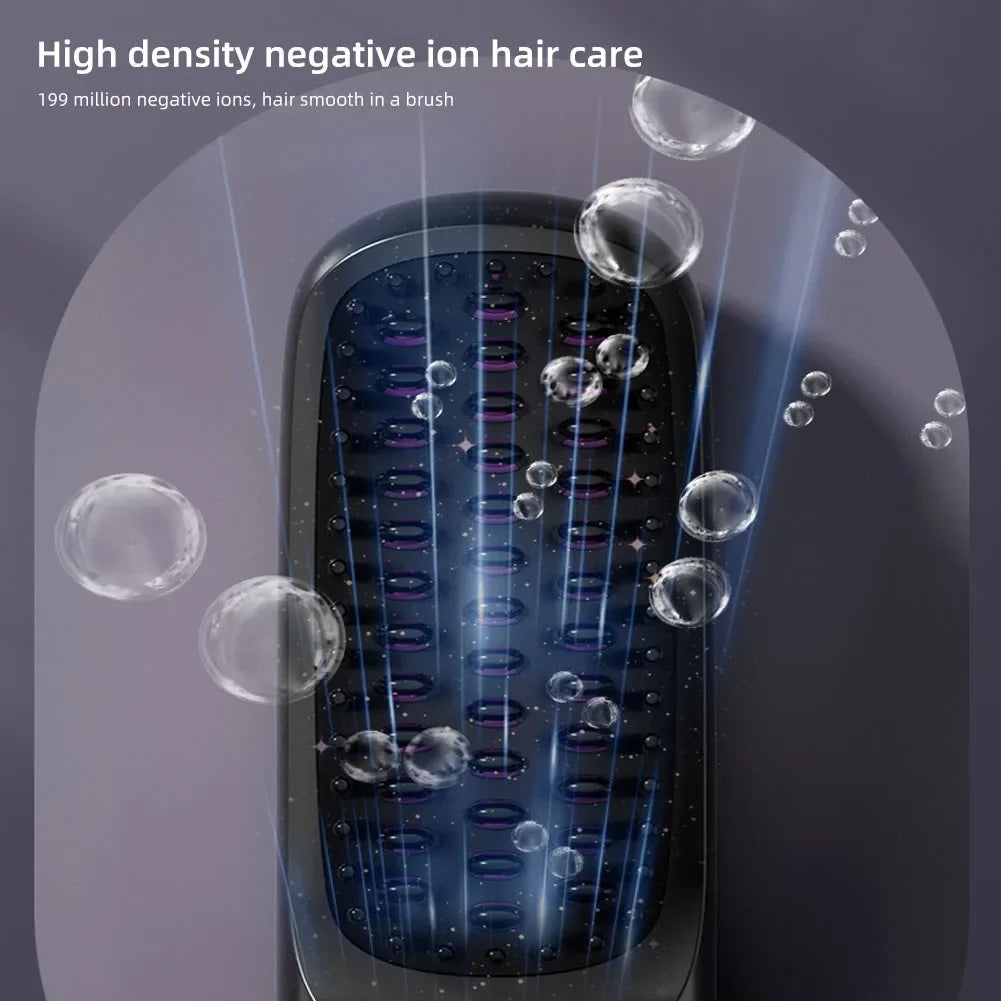BARESY wireless hair straightener brush closeup showing ion vents and water droplets for smooth hair