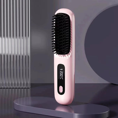 BARESY pink wireless hair straightener brush with black bristles and LED temperature display