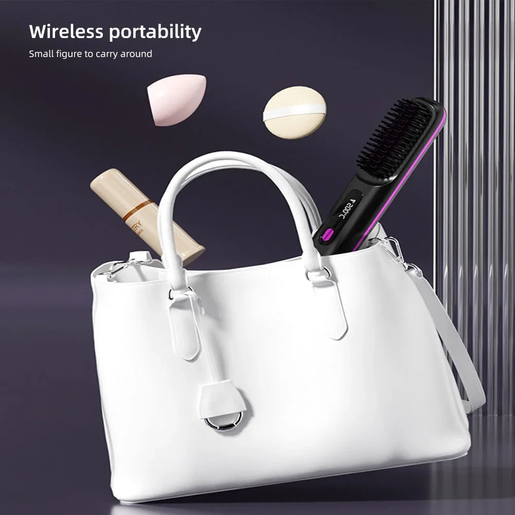 BARESY wireless hair straightener brush in black and purple shown half inside white handbag with travel cosmetics
