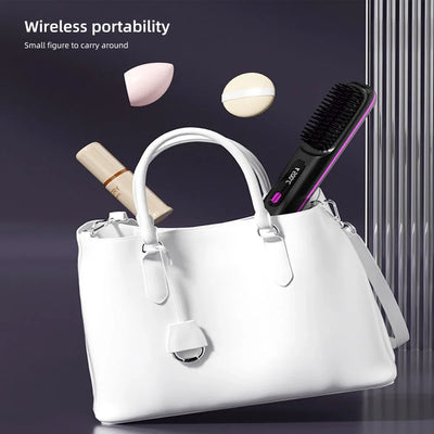 BARESY wireless hair straightener brush in black and purple shown half inside white handbag with travel cosmetics
