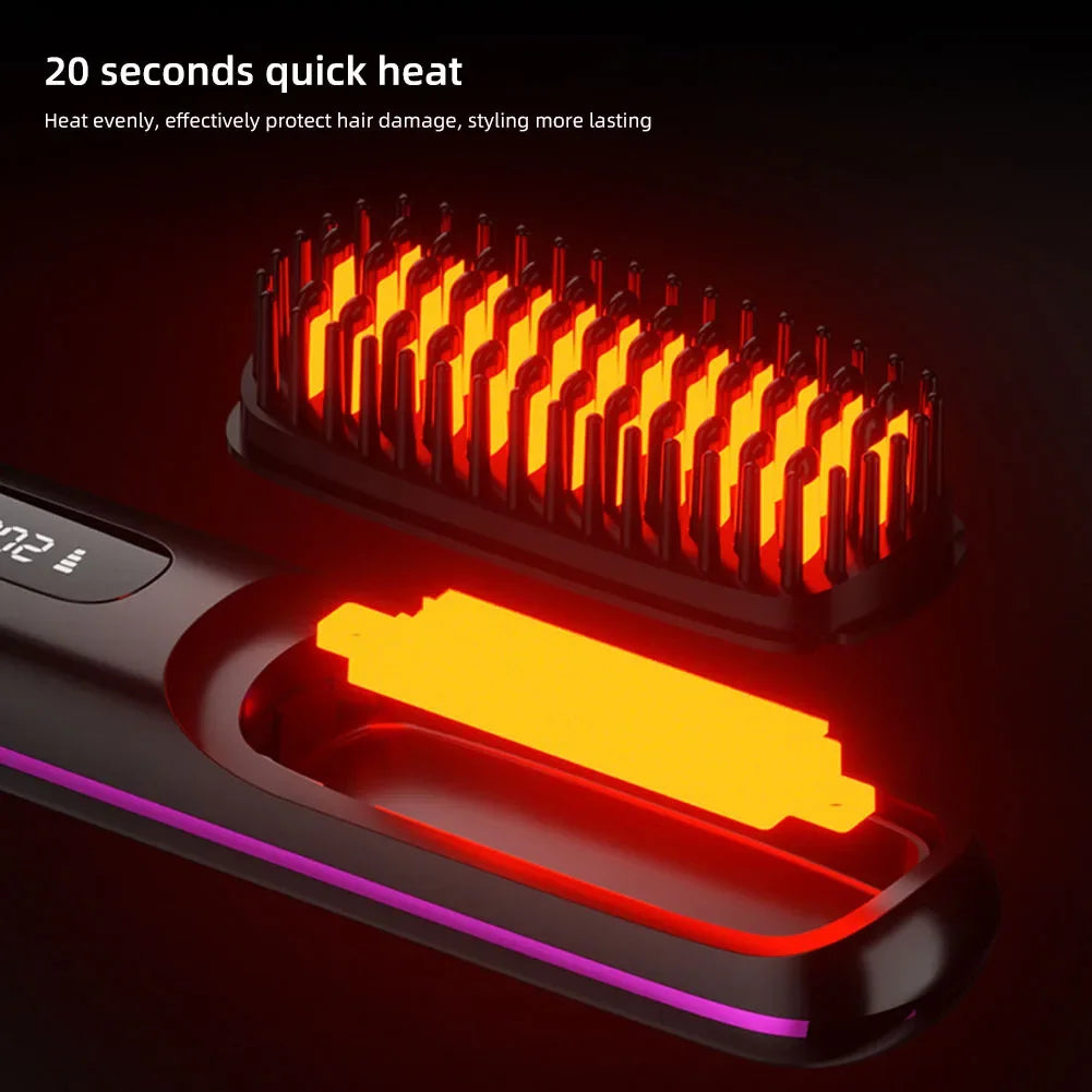 BARESY wireless hair straightener brush close up showing glowing heating element and detachable heated brush head