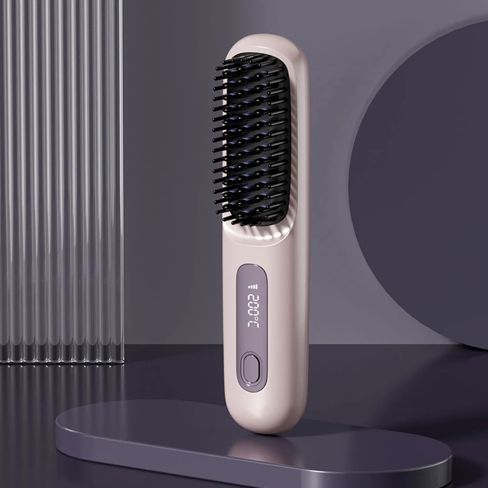BARESY wireless hair straightener brush in rose gold with LED display and black bristles cordless styling tool