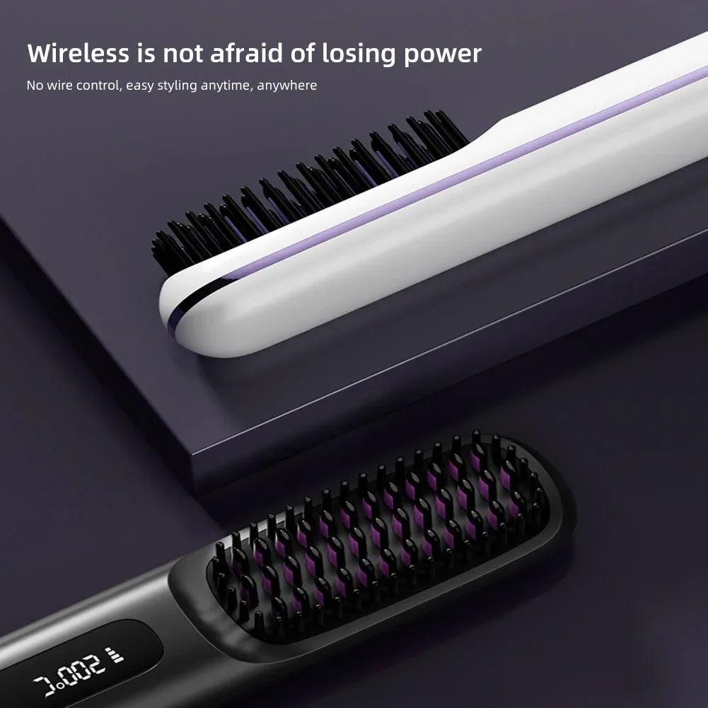 BARESY wireless hair straightener brush in black and white with digital display portable cordless styling brush