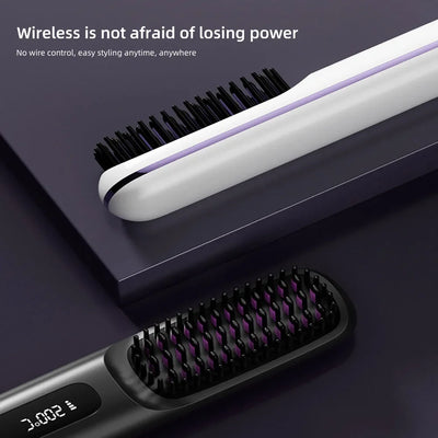 BARESY wireless hair straightener brush in black and white with digital display portable cordless styling brush