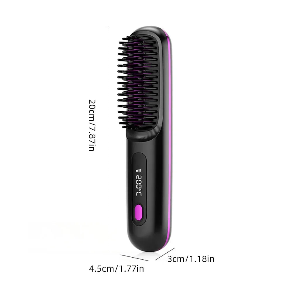 BARESY compact black cordless wireless hair straightener brush with LED display and purple trim