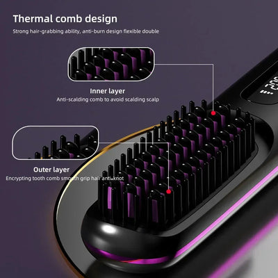 BARESY wireless hair straightener brush close up showing thermal comb design inner and outer anti scald bristles with display
