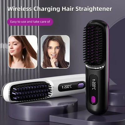 BARESY wireless hair straightener brush in black and white with LED display and rechargeable cordless design