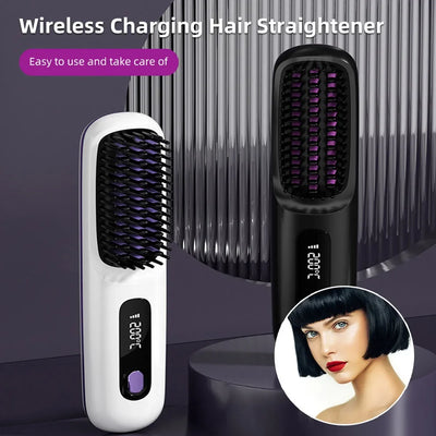 BARESY wireless hair straightener brush dual color white and black with LED display purple bristles cordless