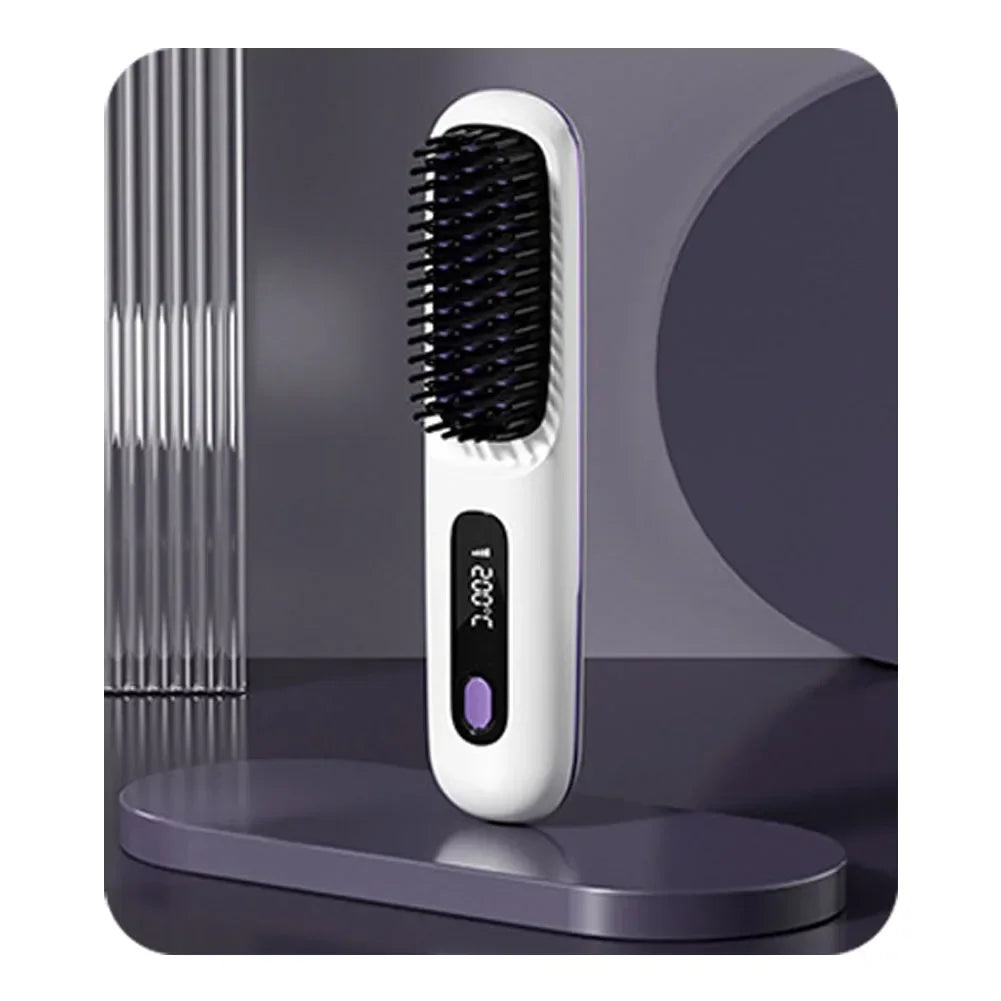 BARESY wireless hair straightener brush white handheld heated brush with digital display and black bristles