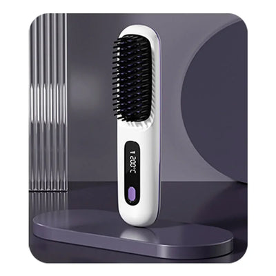 BARESY wireless hair straightener brush white handheld heated brush with digital display and black bristles