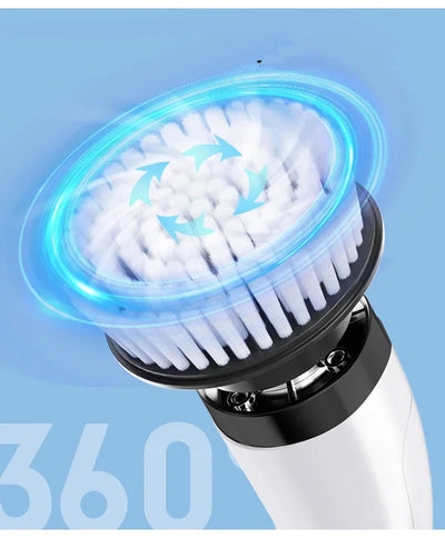 BARESY cordless electric cleaning brush with rotating soft white bristles and ergonomic white handle showing 360 motion