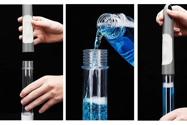 BARESY cordless electric cleaning brush being filled with blue cleaning solution and assembled