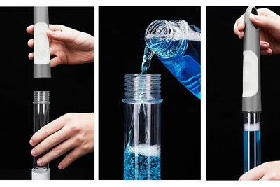 BARESY cordless electric cleaning brush being filled with blue cleaning solution and assembled