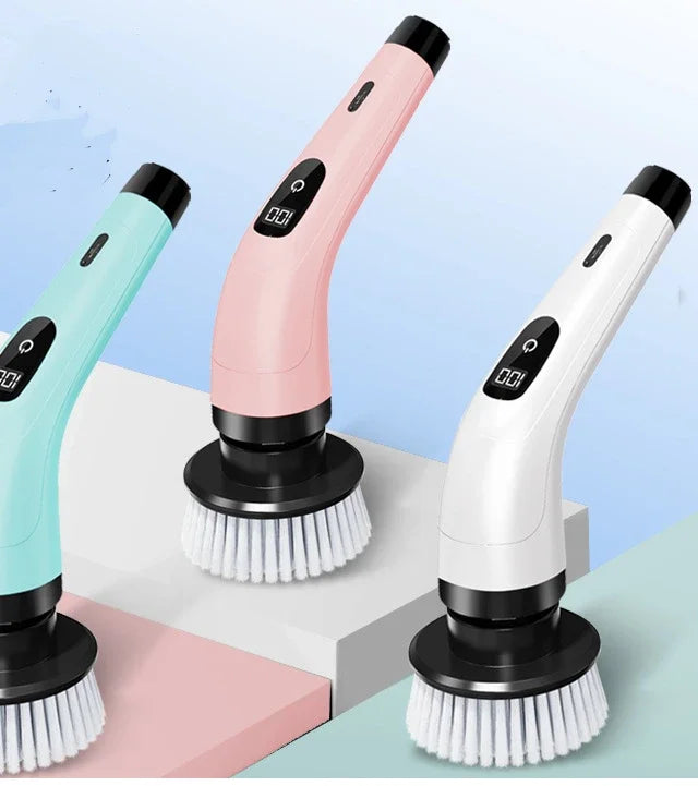 BARESY cordless electric cleaning brush trio in mint pink and white with rotating brush heads and digital display