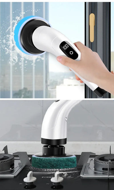BARESY cordless electric cleaning brush in white with digital display cleaning glass windows and stovetops