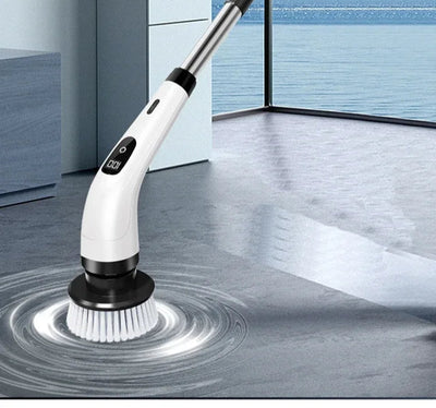 BARESY cordless electric cleaning brush white long handle with rotating round scrub head for floor and tile cleaning