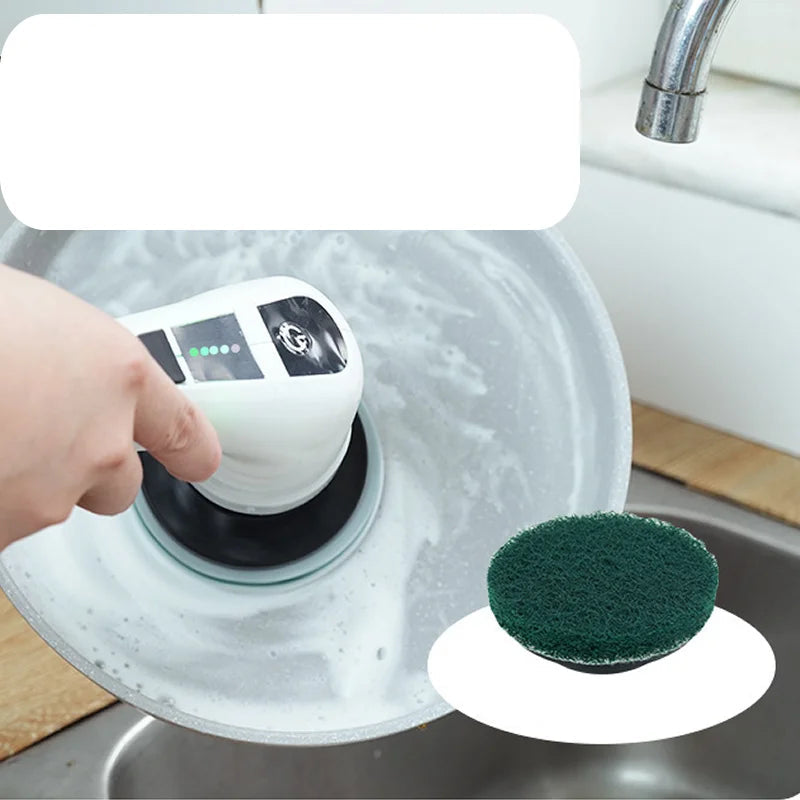 BARESY white cordless electric cleaning brush scrubbing soapy pan with green scouring pad attached