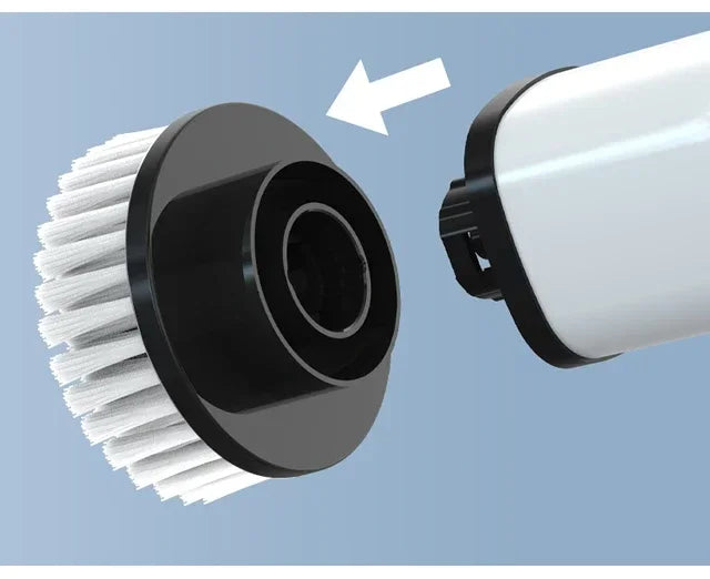 BARESY cordless electric cleaning brush with detachable round nylon brush head attaching to white handle