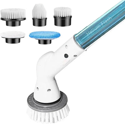 BARESY cordless electric cleaning brush with long handle and five interchangeable brush heads white and blue