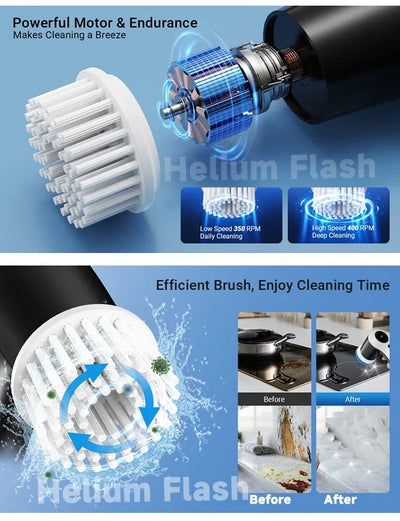 BARESY cordless electric cleaning brush showing white brush head motor cross section water splash and before after results