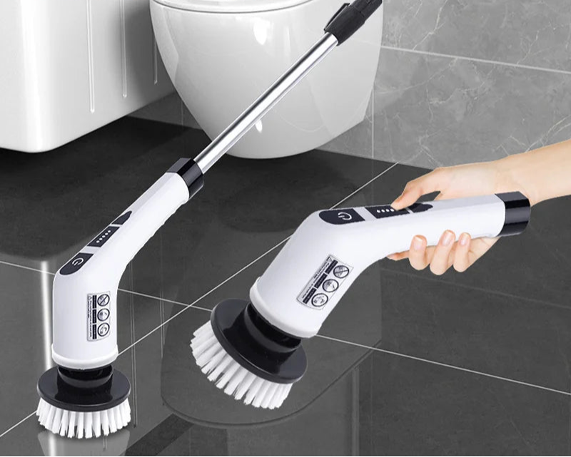 BARESY cordless electric cleaning brush with detachable rotating head and extendable handle for scrubbing bathroom tiles and toilet