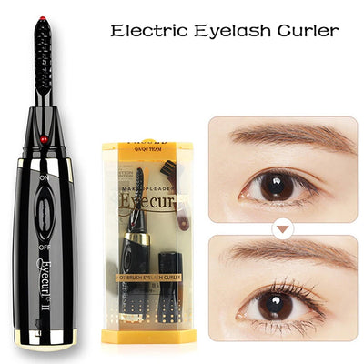 BARESY electric portable eyelash curler for women showing black device with packaging and before and after eyes