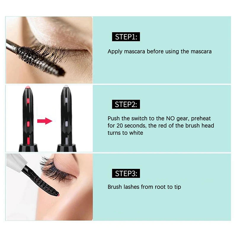 BARESY electric portable eyelash curler for women showing step by step use applying mascara preheat and brushing lashes