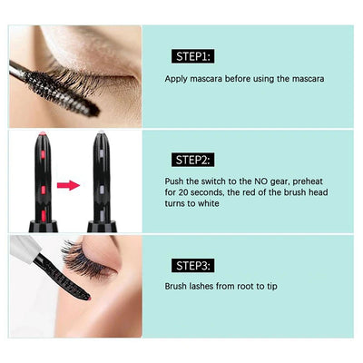 BARESY electric portable eyelash curler for women showing step by step use applying mascara preheat and brushing lashes