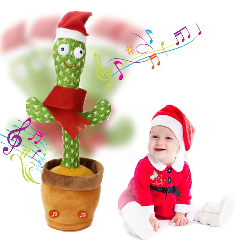 BARESY talking cactus plush for children- Musical Santa Toy singing in pot beside baby in Santa suit