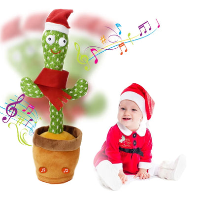 BARESY talking cactus plush for children- Musical Santa Toy singing in pot beside baby in Santa suit