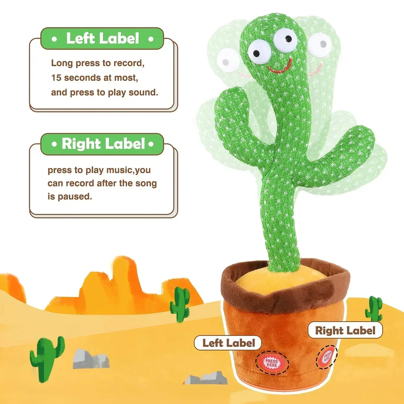 BARESY talking cactus plush for children- Musical Santa Toy green smiling cactus in pot with record and play buttons
