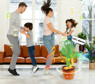 BARESY family dancing in living room with green talking cactus plush for children- Musical Santa Toy playing music