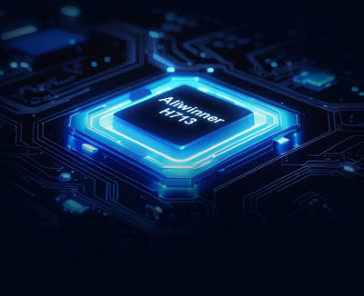 BARESY 4K outdoor home cinema projector close up of Allwinner H713 processor on blue lit circuit board