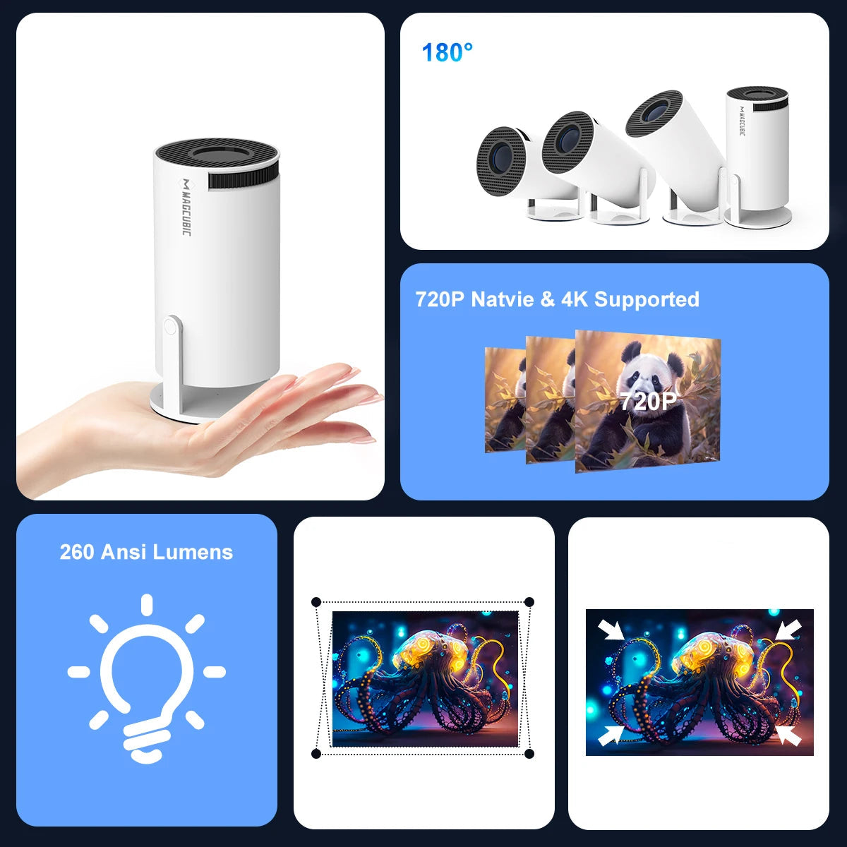 BARESY compact cylindrical 4K outdoor home cinema projector on hand with 720P native support and 260 ANSI lumens