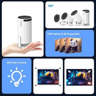 BARESY compact cylindrical 4K outdoor home cinema projector on hand with 720P native support and 260 ANSI lumens