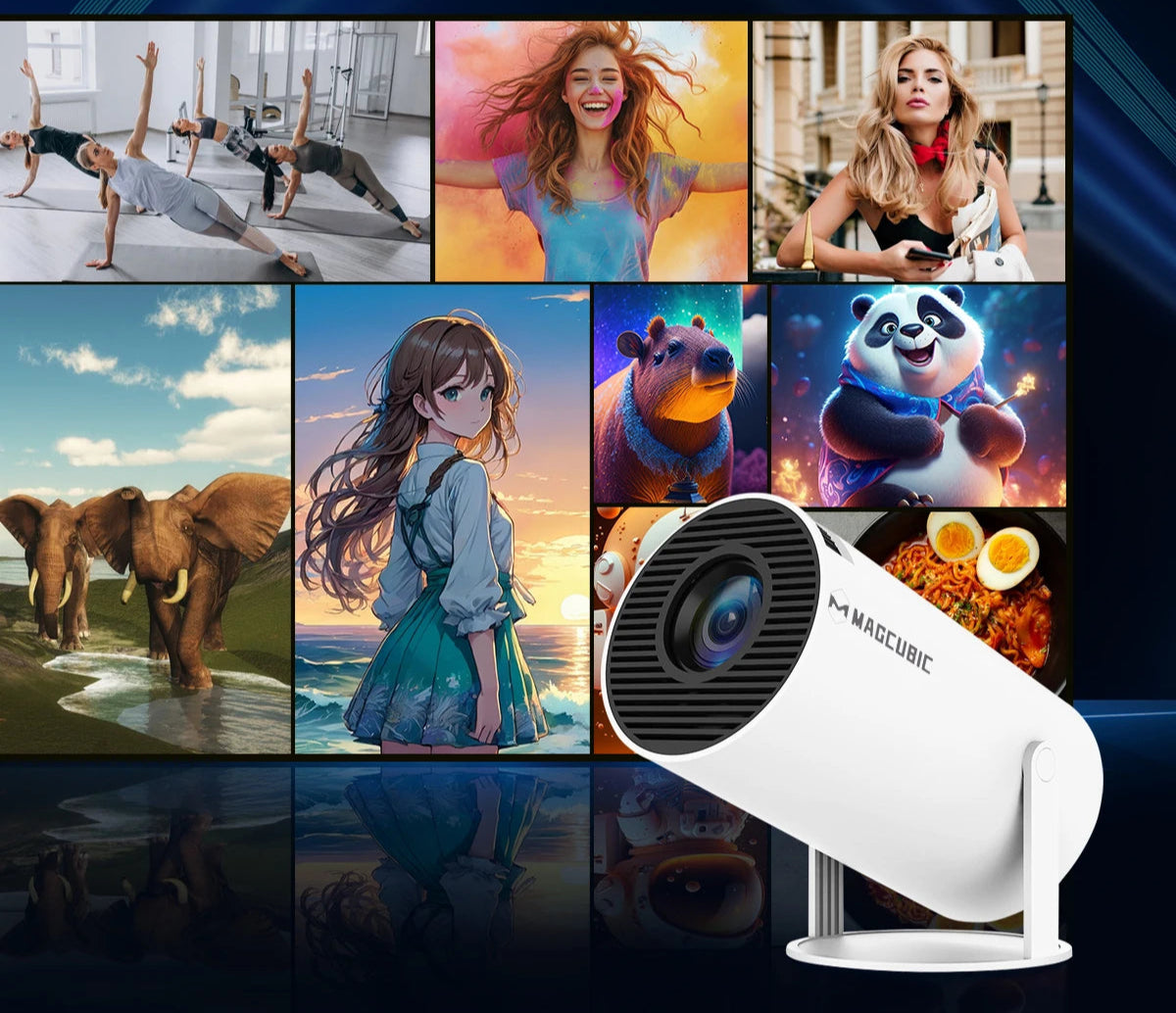 BARESY 4K outdoor home cinema projector white compact LED projector on stand projecting vibrant multimedia display