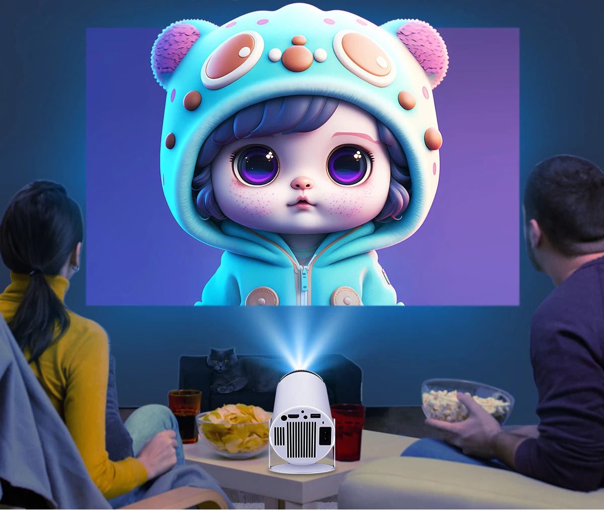 BARESY 4K outdoor home cinema projector on table projecting large colorful cartoon in living room