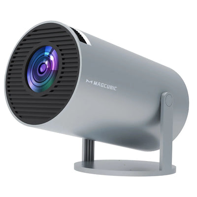BARESY 4K outdoor home cinema projector gray cylindrical tabletop projector with multicoated lens on swivel stand