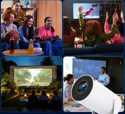 BARESY 4K outdoor home cinema projector white unit shown with family gaming backyard movie night and office presentation