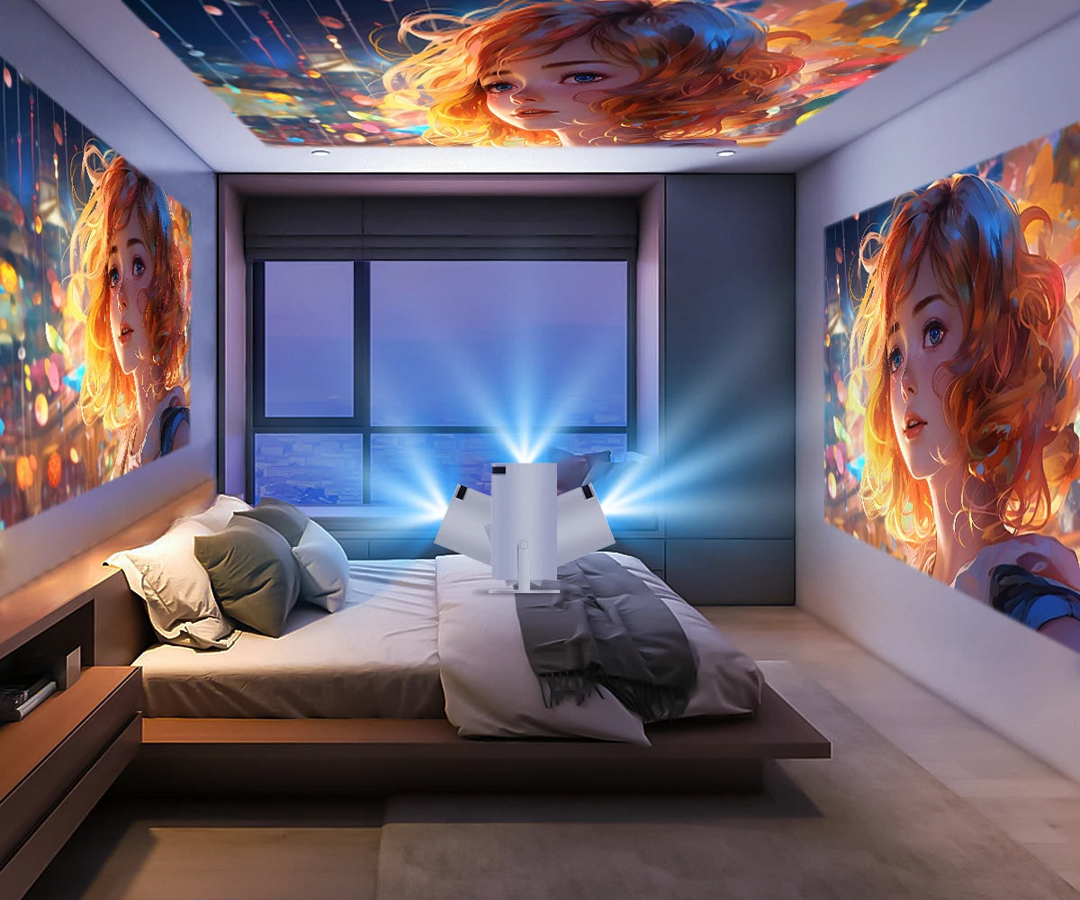 BARESY 4K outdoor home cinema projector projecting vibrant anime artwork across bedroom walls and ceiling