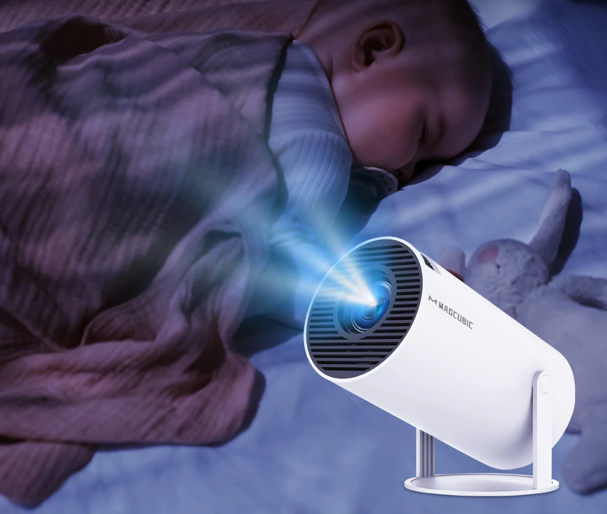 BARESY 4K outdoor home cinema projector white cylindrical projector casting blue beam beside sleeping baby