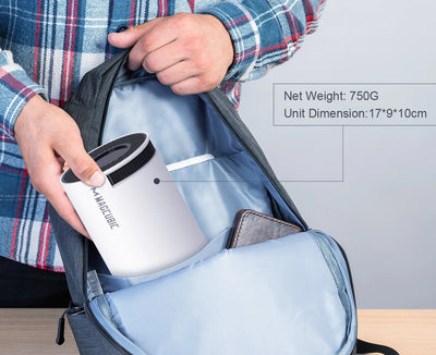BARESY 4K outdoor home cinema projector being placed into a backpack by a person for portable outdoor movies