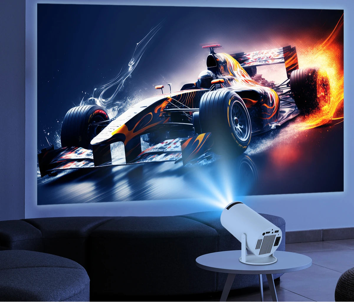 BARESY 4K outdoor home cinema projector projecting vibrant racing car image on living room wall